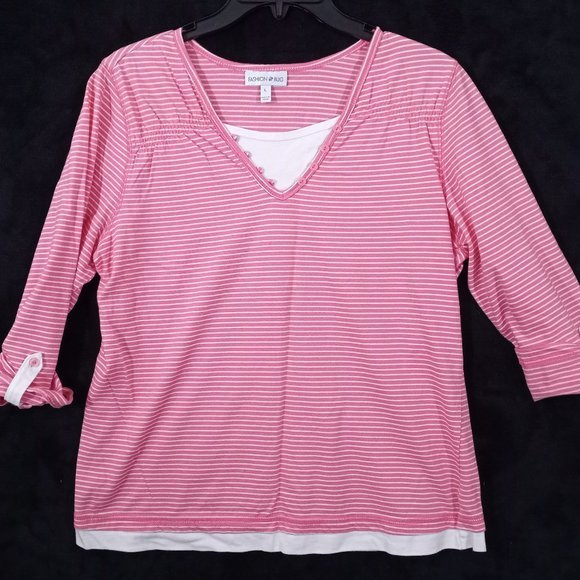 Fashion Bug Top Size Large Pink With White Stripes #1153 - Picture 1 of 4